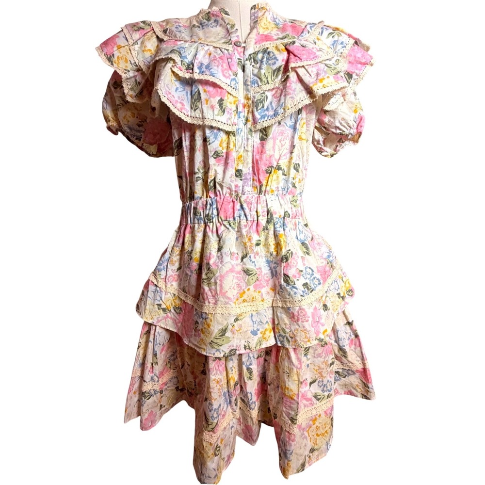 Ultramarine 100% Cotton Floral Cottagecore Tiered Mini Dress Large‎